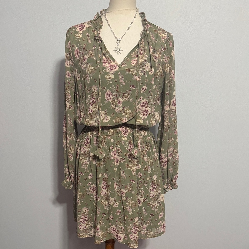 Kori Sage Green Floral Long Sleeve Tie-Waist Dress